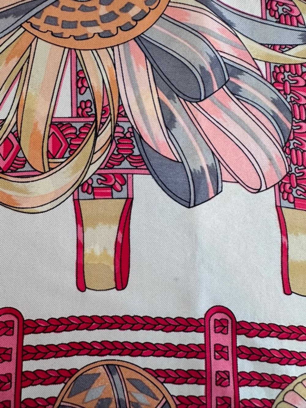 Hermes Coral, Cream & Red Ribbon Motif Silk Scarf - Picture 9 of 14
